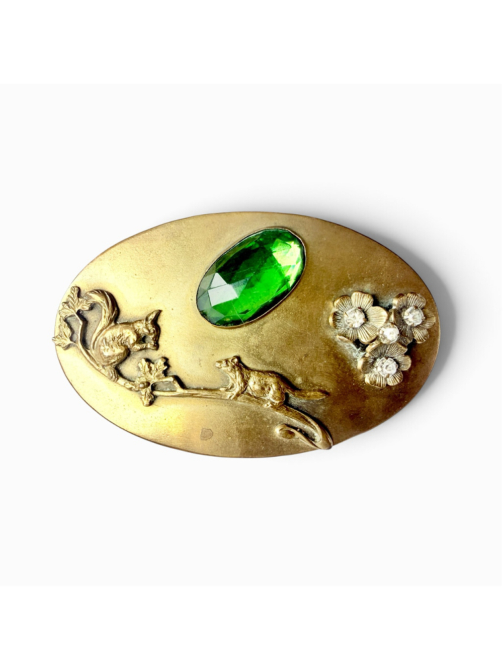 Art Nouveau Brass Sash Pin Green Glass Squirrels Floral Rhinestone Brooch